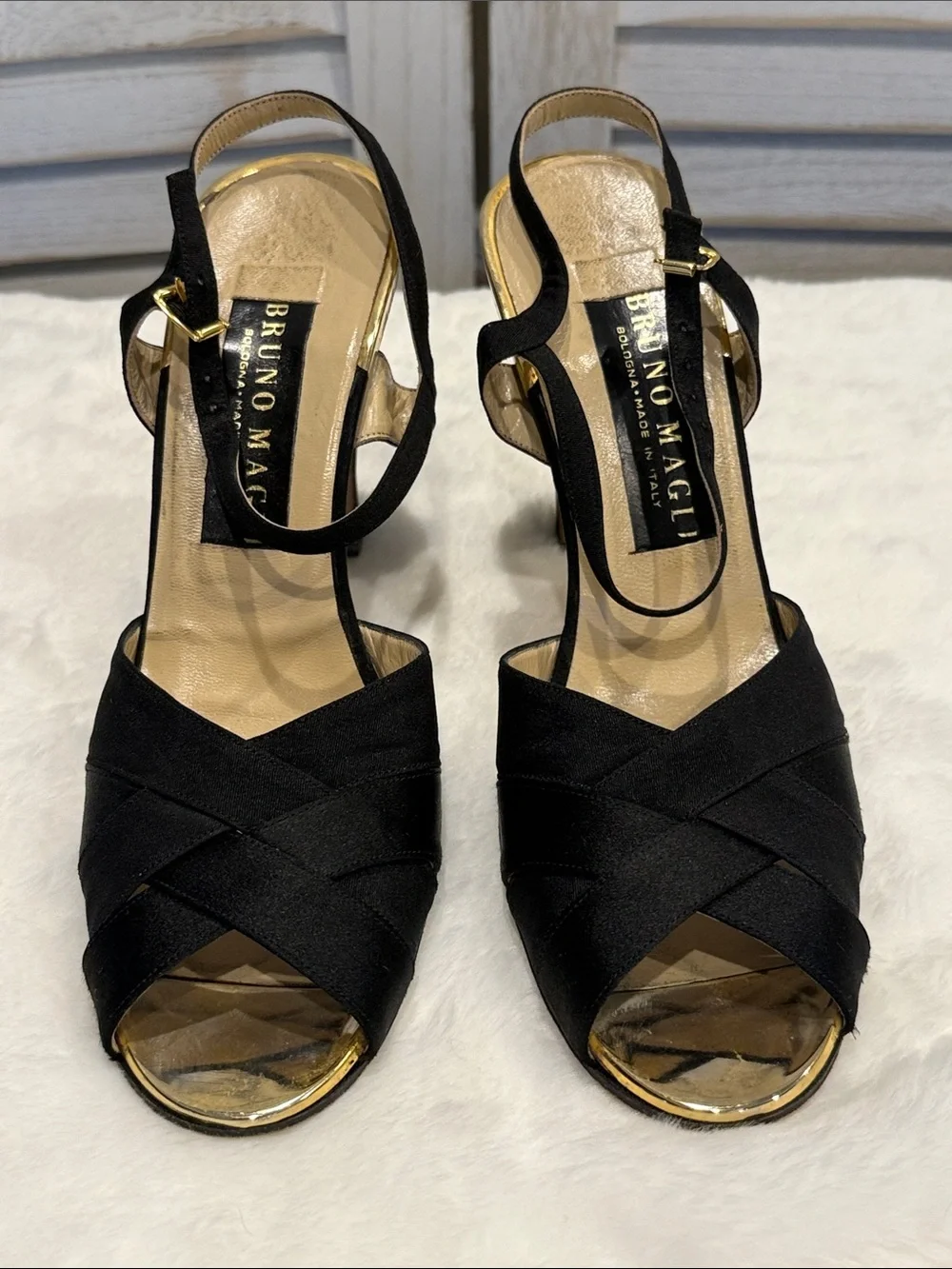 Bruno Magli Black Satin Crisscross Peep Toe Slingback Heels
